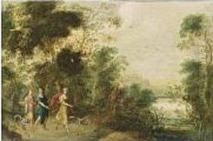 A Wooded Landscape With Three Huntresses And Their Hounds On A Path