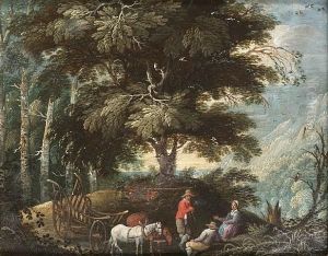 A Wooded Landscape With Peasants And A Horsedrawn Wagon On A Track