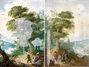 Wooded Lanscapes With Riders In The Foreground by Jasper van der Lamen