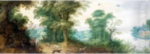 A Wooded Landscape With Hunters And Their Dogs Chasing Deers by Jasper van der Lamen