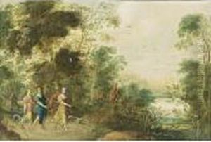 Lanen, A Wooded Landscape With Three Huntresses And Their Hounds On A Path