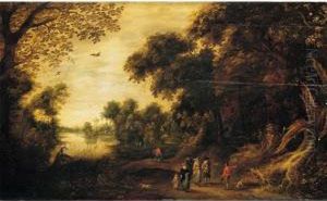 A Wooded River Landscape With 
Elegant Figures Conversing With A Traveller In The Foreground