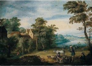 A River Landscape With Shepherds Shearing Sheep In The Foreground by Jasper van der Lamen