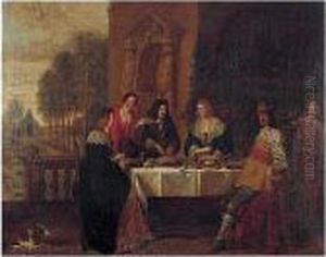 An Elegant Company Feasting Upon The Terrace Of A Country House by Jasper van der Lamen