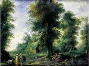 Couples De Promeneurs Dans La Foret Pres D'une Ferme