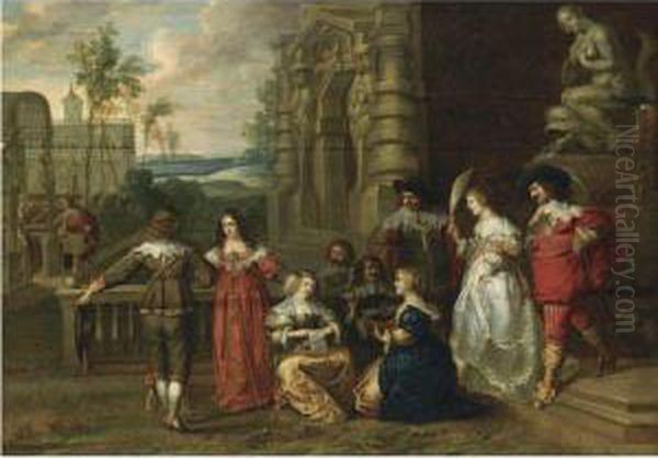 An Elegant Company Outside The Walls Of A Castle Making Music - view 1