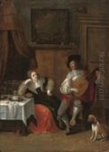 A Gentleman Serenading A Lady In An Interior by Christoffel Jacobsz van der Lamen