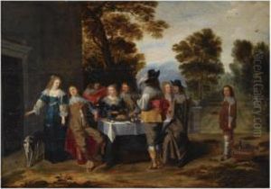 An Elegant Company Seated Around A Set Table On A Terrace, A Formalgarden Beyond by Christoffel Jacobsz van der Lamen