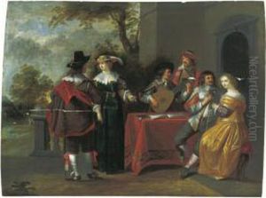 An Elegant Company Making Music, Drinking And Courting In A Garden Setting