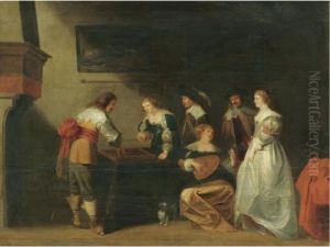 An Elegant Company In An Interior With A Lady And Gentleman Playing Tric-trac