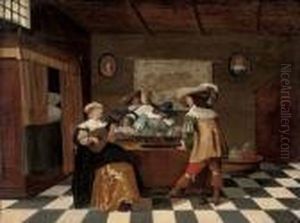 Backgammon Players At A Table With A Lady Playing A Lute In An Interior