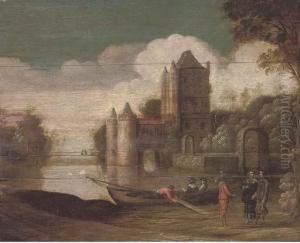 A Landscape With A Moated Castle And Gentlemen