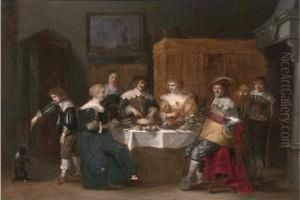 Elegant Company Eating And Drinking In An Interior by Christoffel Jacobsz van der Lamen