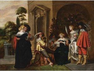 An Elegant Company Making Music, Drinking And Courting In A Garden Setting by Christoffel Jacobsz van der Lamen