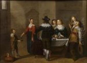 An Elegant Company Eating And Drinking In An Interior