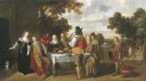 Elegant Company Eating And Drinking On A Terrace, A Landscape Beyond by Christoffel Jacobsz van der Lamen