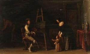 An Artist At An Easel With His Family In His Studio