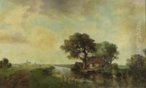Weitlaufige Sommerlandschaft Mit Flusslauf, Gehoft Und Stadtansicht