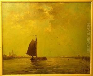 Dutch Sailing Barge By A Town, Signed 'j V D Linde'