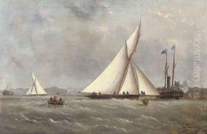 A big cutter approaching the turning mark with the crowded club steamer beyond