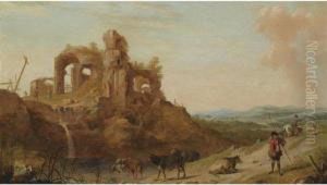 Italianate Landscape With Shepherds And Cattle Among Roman Ruins by Dirck Van Der Lisse