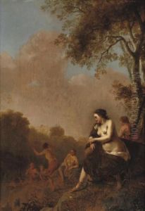 Playful Nymphs In A Landscape by Dirck Van Der Lisse