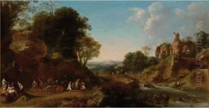 Sold By The J. Paul Getty Museum To Benefit Future Painting Acquisitions
 

 
 
 

 
 An Extensive Italianate Landscape With A Bacchanale, Other Bacchantes On A Bridge In The Background Near Ruins On