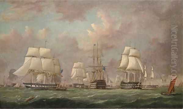 Queen Victoria, aboard the Royal Yacht Fairy, inspecting the Baltic Fleet as it prepares to sail in March 1854 - view 1
