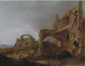 An Italianate Landscape With Herdsmen Watering Cattle Among Classical Ruins by Dirck Van Der Lisse