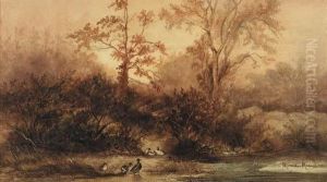 Ducks By A Pond In A Wood At Dusk by Marinus Van Der Maarel