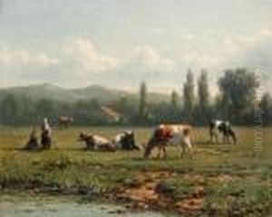 Cattle Grazing By A Stream by Jacob Jan van der Maaten