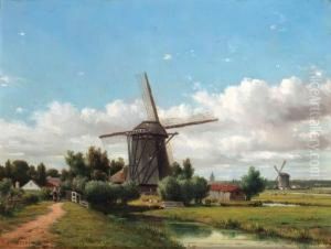A Summer Landscape With Villagers On A Track By A Windmill