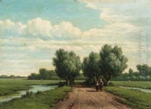 A Summer Landscape With A Peasant Woman And Child Walking On Asandy Track