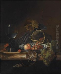 Still Life Of Blue And White
Grapes, A Peach And Strawberries In Aporcelain Bowl And Basket, Together
With Cherries And A Roemer, Allon A Marble Ledge by Barend or Bernardus van der Meer