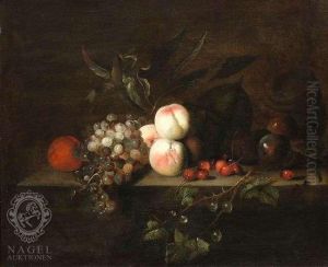 Still Lifewith Grapes And Peaches And Other Fruits On A Ledge by Barend or Bernardus van der Meer