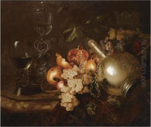 A Still Life Of Pomegranates, 
Grapes, A Silver Vessel, A Roemer Anda Venetian Glass On A Marble Table 
Draped With A Cloth