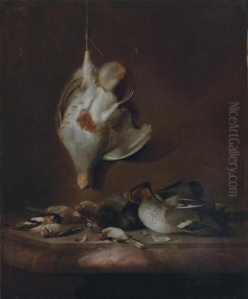 A Still Life With A Partridge
Hanging On A Wall, And A Teal, A Yellowhammer, Finches And Other Birds
On A Marble Ledge - view 1