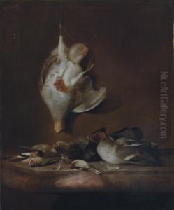 A Still Life With A Partridge 
Hanging On A Wall, And A Teal, A Yellowhammer, Finches And Other Birds 
On A Marble Ledge