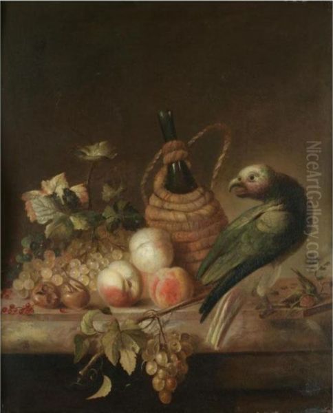 A Still Life With A Parrot,
Together With A Flagon Of Wine, A Bunch Of Grapes, Peaches And
Redcurrants On A Marble Ledge - view 1