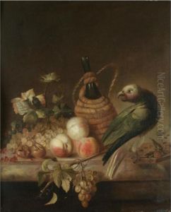 A Still Life With A Parrot, 
Together With A Flagon Of Wine, A Bunch Of Grapes, Peaches And 
Redcurrants On A Marble Ledge