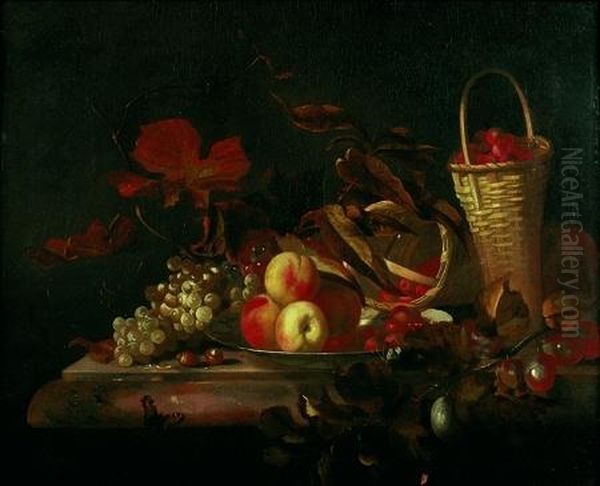 Nature Morte Aux Panier De
Fraises, Plat De Peches Et Raisin Sur Un Entablement De Marbre - view 1
