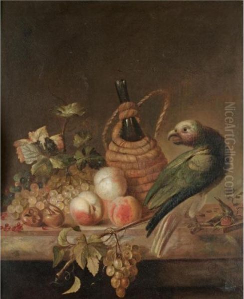 A Still Life With A Parrot,
Together With A Flagon Of Wine, A Bunch Of Grapes, Peaches, Red Currents
On A Marble Ledge - view 1