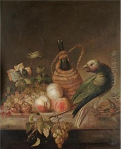 A Still Life With A Parrot,
Together With A Flagon Of Wine, A Bunch Of Grapes, Peaches, Red Currents
On A Marble Ledge by Barend or Bernardus van der Meer