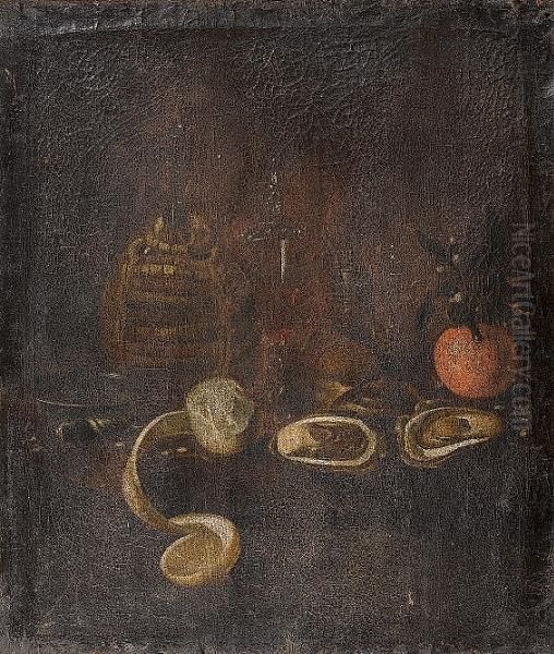 A Still Life Of A Carafe Of
Wine, A Silver Dish, A Knife, A Glass Of Red Wine, Oysters, A Peeled
Lemon, A Salt And An Ornage On A Table - view 1