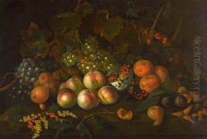 Stilleben Mit Trauben, 
Pfirsichen, Birnen, Pflaumen, Kirschen, Haselnussen Und Johannisbeeren 
In Schale Und Erdbeeren In Henkelkorbchen.
