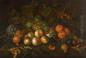 Still Life With Grapes, Peaches,
Pears, Plums, Cherries, Hazel Nuts And Redcurrants In Bowl,
Strawberries In Basket. by Barend or Bernardus van der Meer