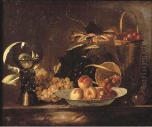 Peaches And Raspberries On A 
Dish, With Grapes, A Roemer, Apartly-peeled Lemon And A Basket On A 
Marble Ledge