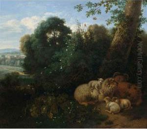 A Flock Of Sheep Under A Tree With A Classical Landscape Beyond by Jan Vermeer Van Delft