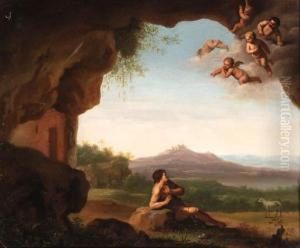 Saint John The Baptist In The Wilderness With Cherubs Above by Jan Vermeer Van Delft