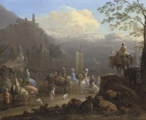 An Elegant Company Of Travellers
 By A Harbour, With Figures In The Foreground, Cattle And Sheep Beyond